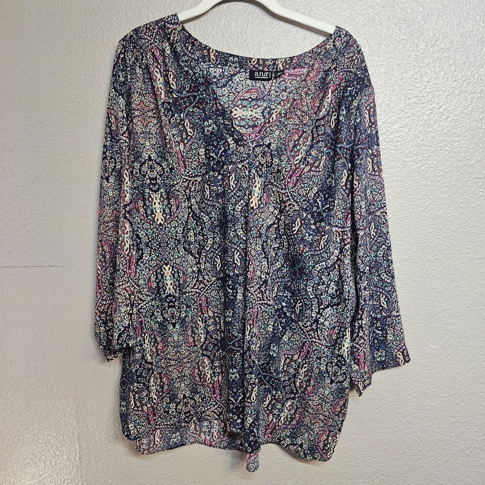 A.N.A. New Approach 1X Plus Sz Boho Paisley Long Sleeve Blouse Festival GG806